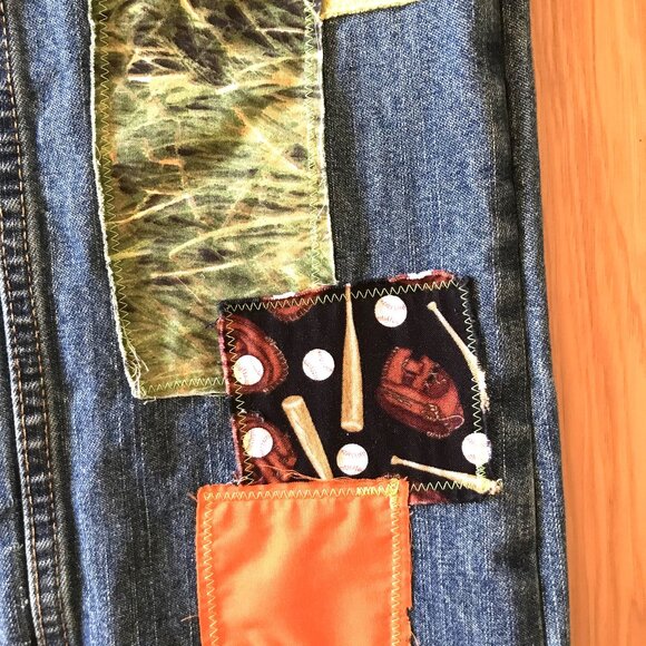 Children's Pants, Size 10 Husky: Upcycled Puppies Baseball Theme Patchwork Jeans - Picture 9 of 16